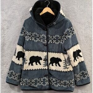 VTG Nordic Lights Reversible Hooded Fleece Jacket Medium Bears Snowflakes *Flaws